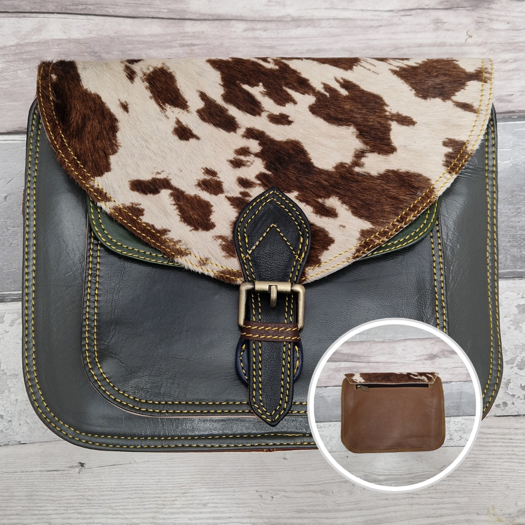 Large Saddlebag style leather crossbody bag. Multicoloured panels of green finished with a pony print textured flap.