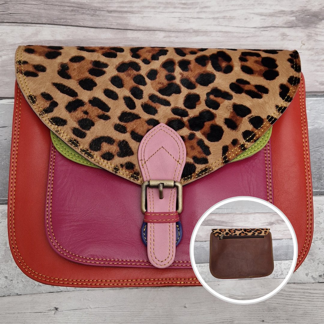 Large Saddlebag style leather crossbody bag. Multicoloured panels of red, lime and pinks finished with a jaguar print textured flap.