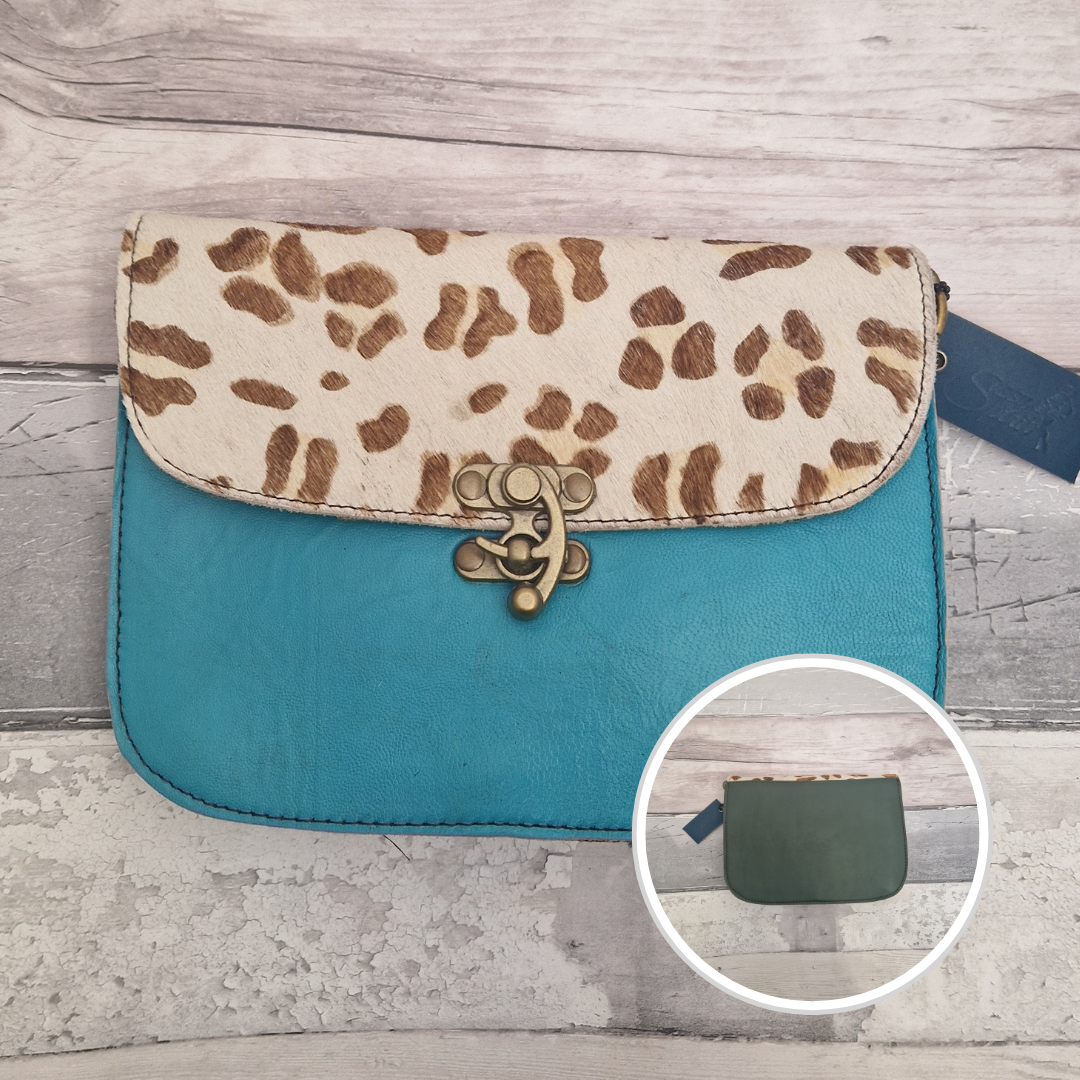 Tiya - Crossbody Style upcycled Leather bag with animal print panel and swivel clasp
