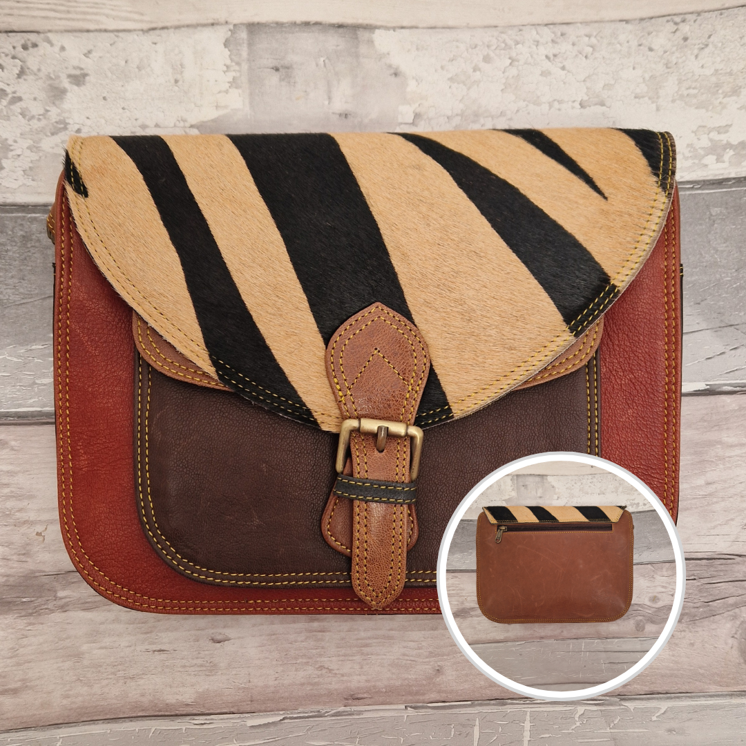 Saddlebag style bag in Red and brown leather with a Zebra print 