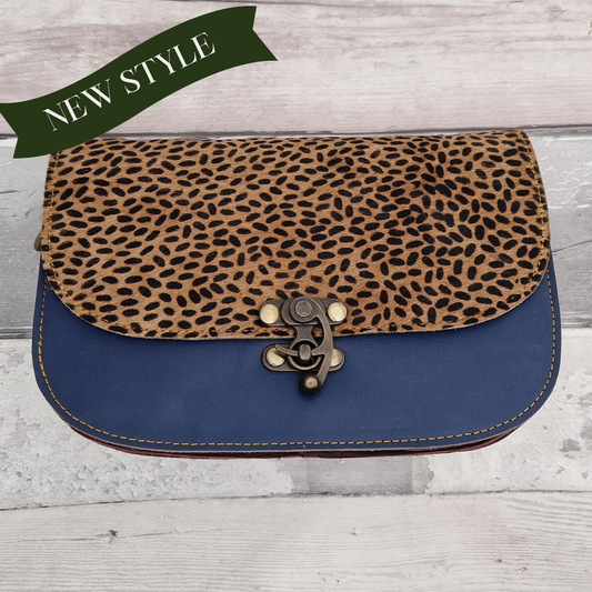 Tiya - Crossbody Style upcycled Leather bag with animal print panel and swivel clasp