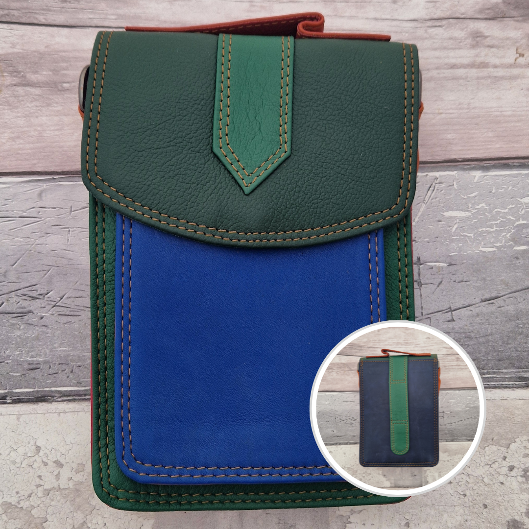 All leather crossbody bag with carry handle made up in a variety of brightly coloured panels.