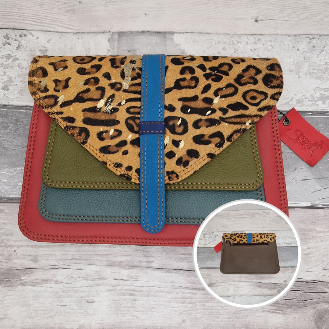 Rectangular shaped envelope crossbody bag made from leather off-cuts. Blue, green and red coloured panels are finished with a striking leopard print textured panel.