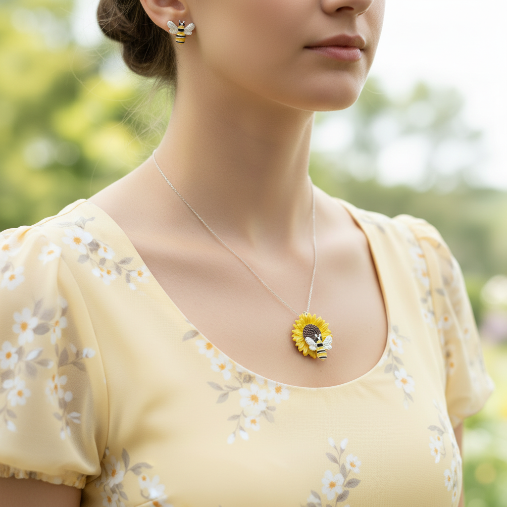 Bee earrings and sunflower necklace worn together