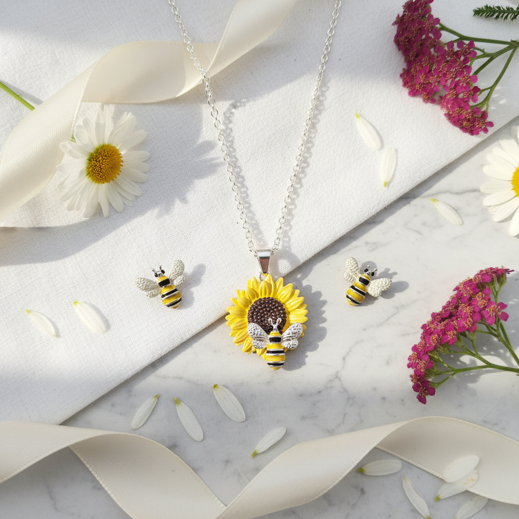 Bee jewellery set flat lay