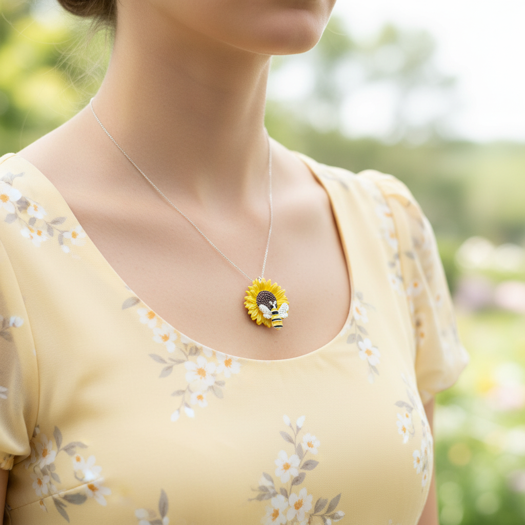 Bee sunflower necklace gossamer chain on summer dress