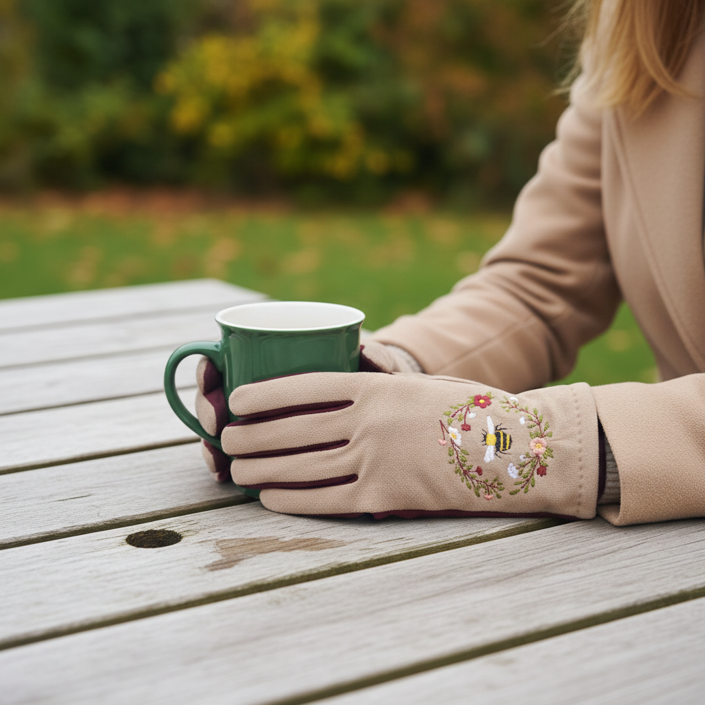 Beige and burgundy bee gloves lifestyle