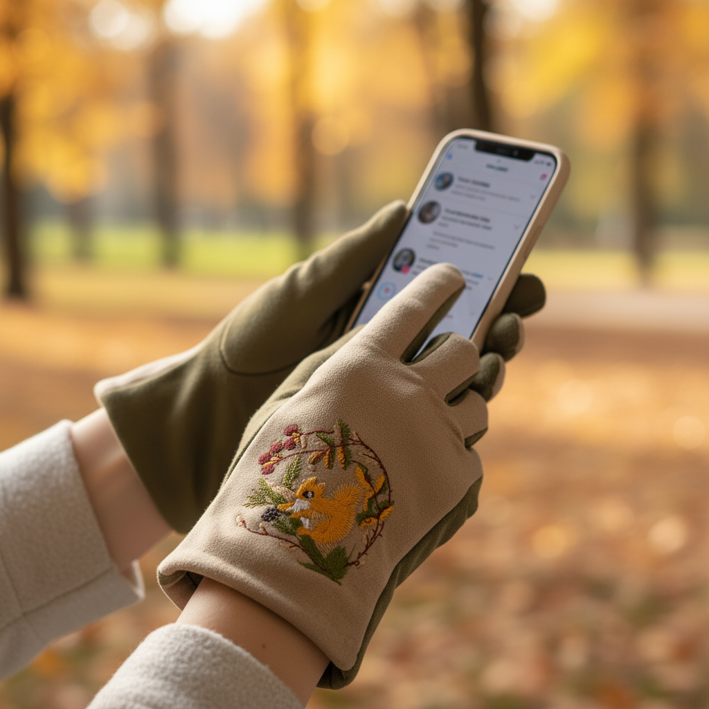 Beige olive gloves mobile phone outdoors