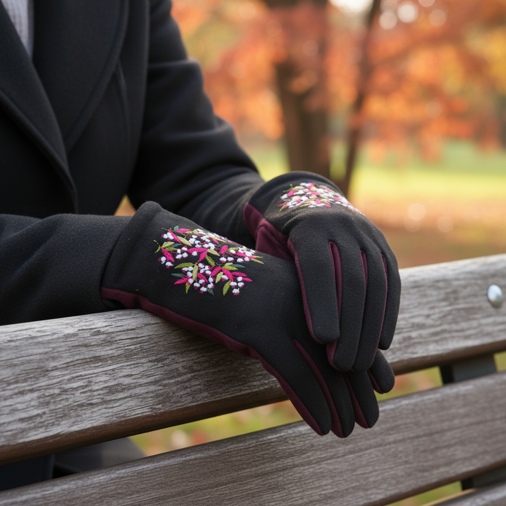 Black and burgundy floral gloves