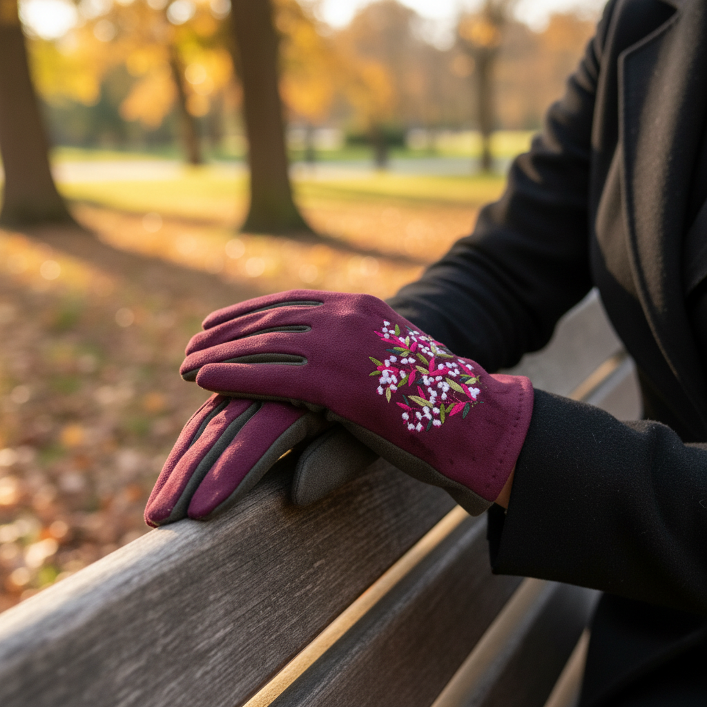 Green and burgundy floral gloves outdoor lifestyle