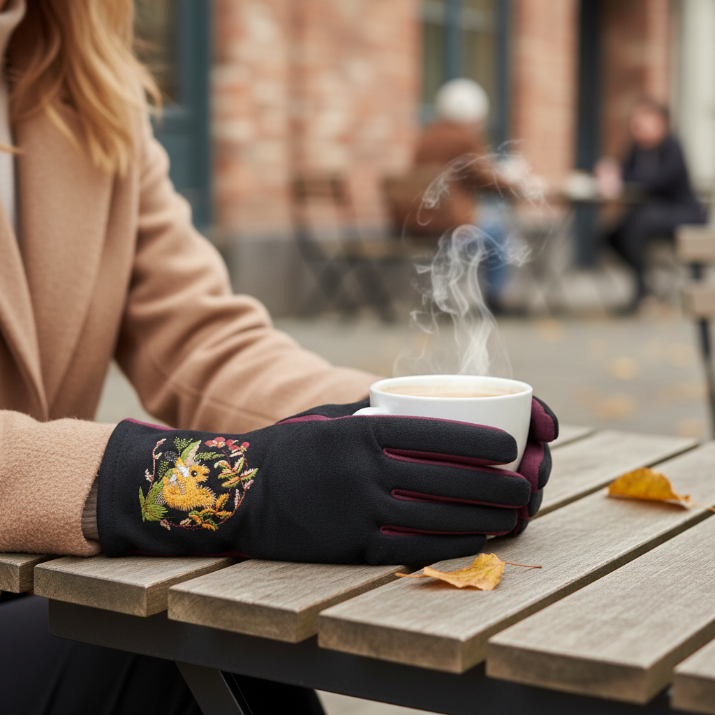 Black and burgundy squirrel gloves lifestyle