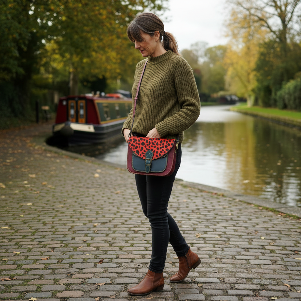 Burgundy/teal cheetah saddle bag candid