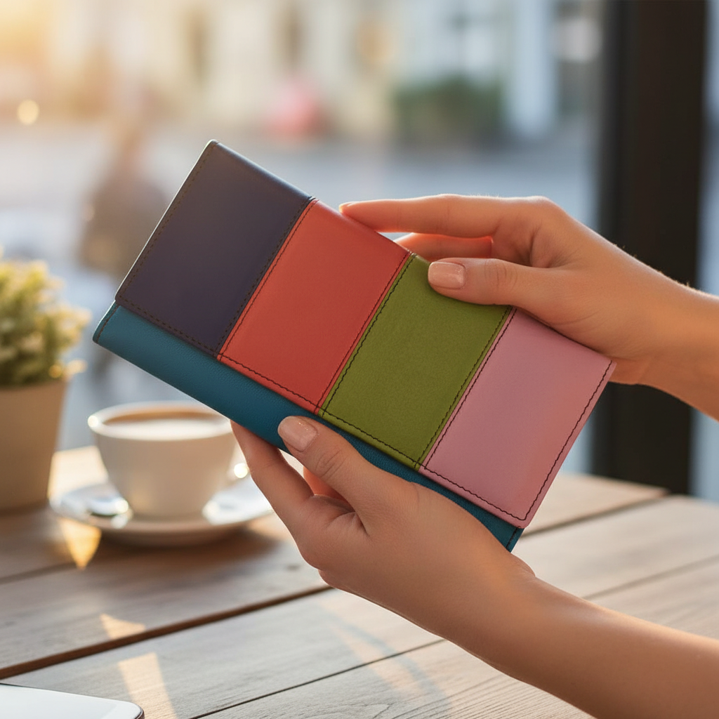 Candid lifestyle photo of colourful stripe wallet in use