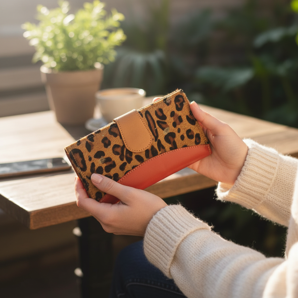 Candid lifestyle photo of leopard print orange wallet in use