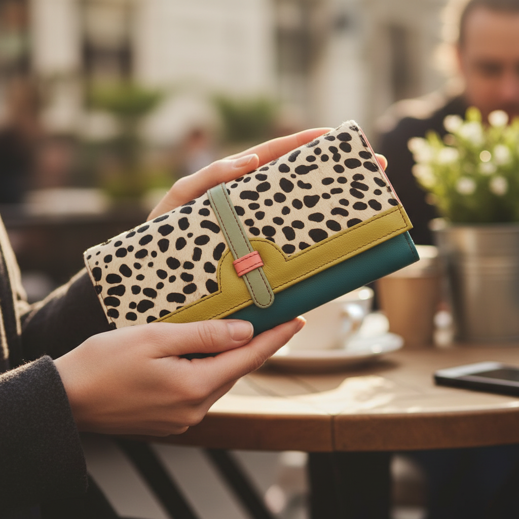 Candid lifestyle photo of long dalmatian spot wallet