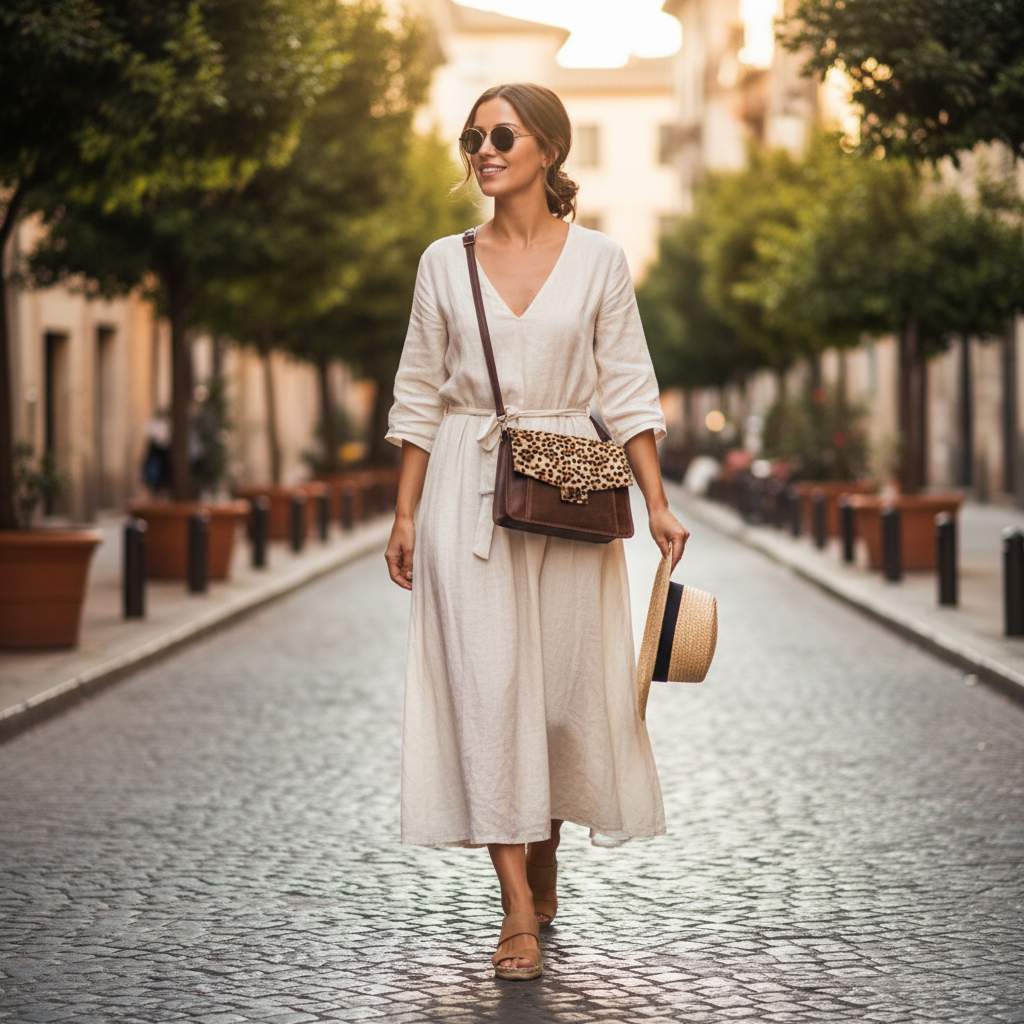 Candid lifestyle photo with cheetah spot dark brown crossbody bag