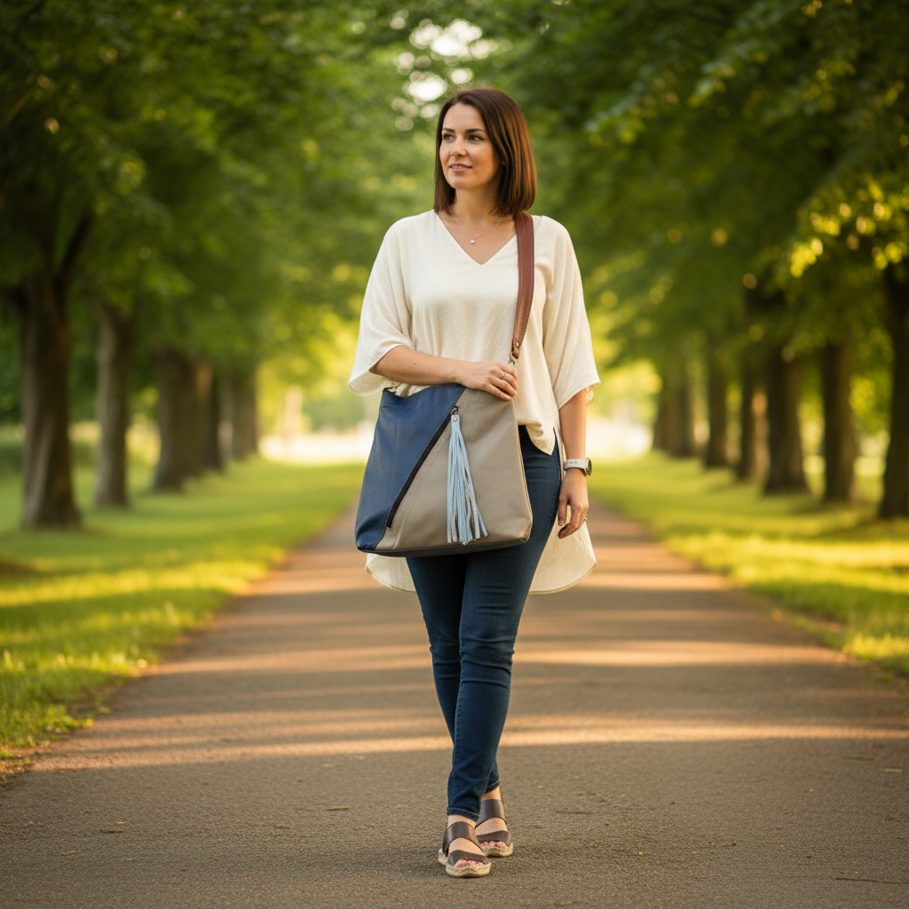 Candid lifestyle photo with colour-block shoulder bag