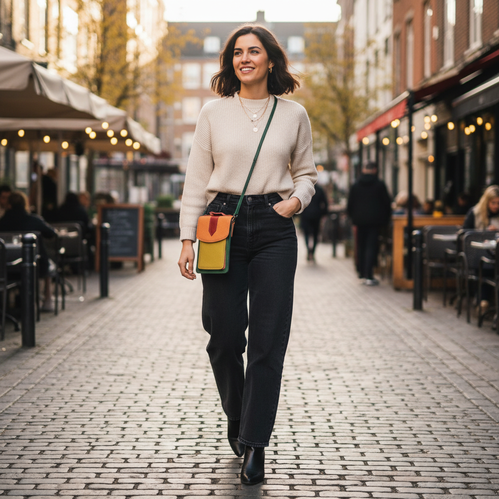 Candid lifestyle photo with green and yellow phone crossbody bag