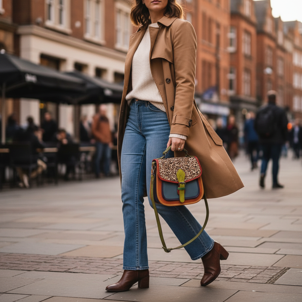 Candid lifestyle photo with leopard print colourful satchel