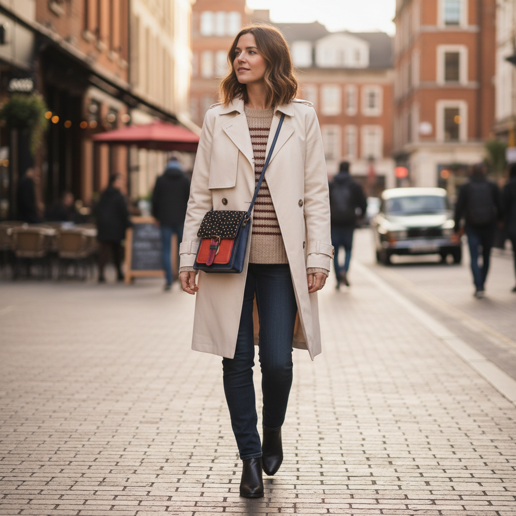 Candid lifestyle photo with polka dot satchel bag