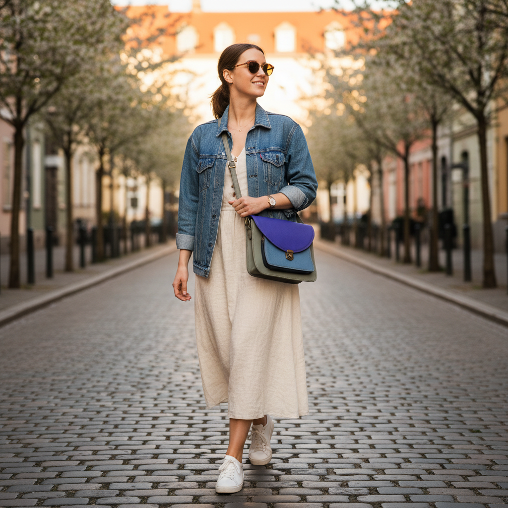 Candid lifestyle photo with purple flap grey crossbody bag
