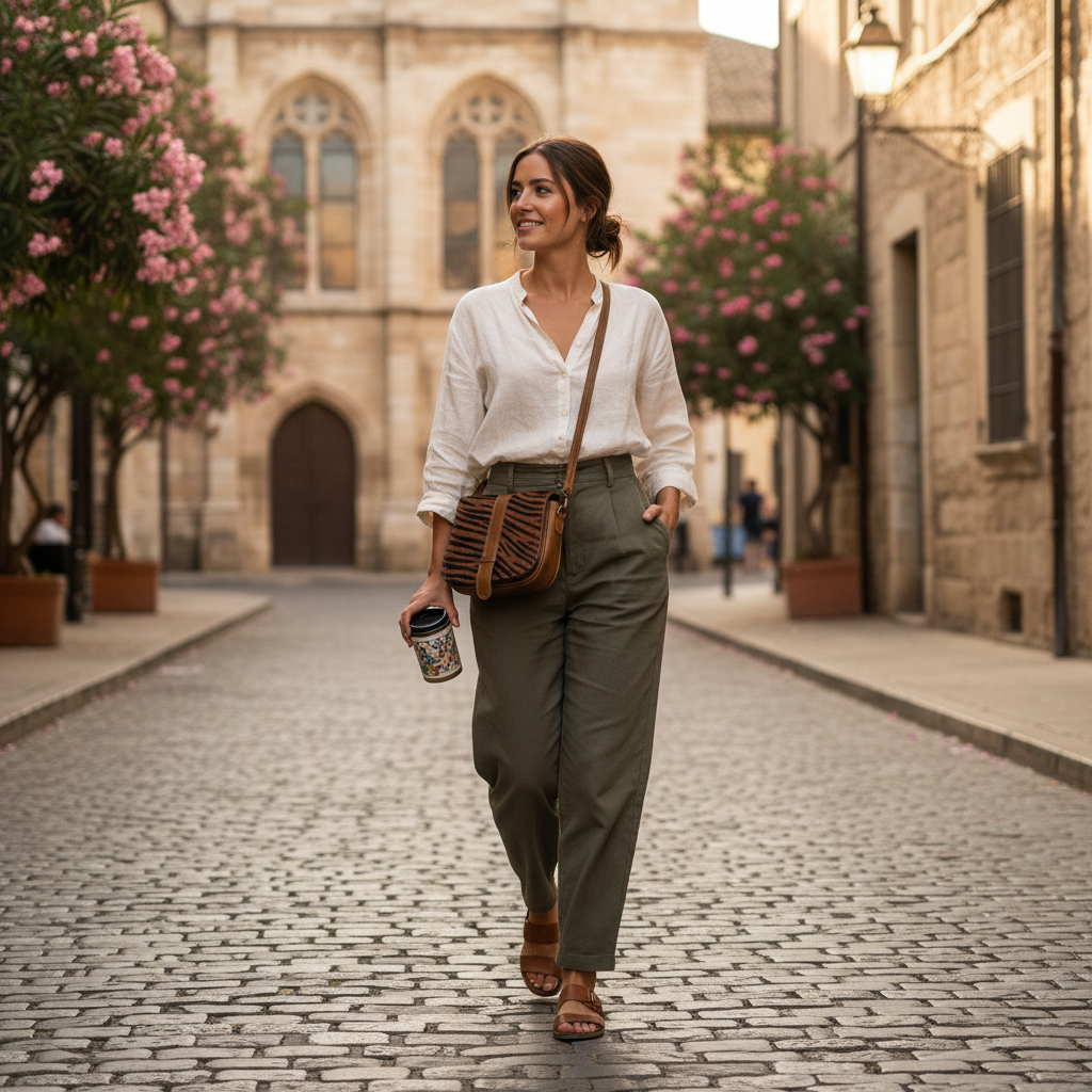 Candid lifestyle photo with tiger stripe crossbody bag