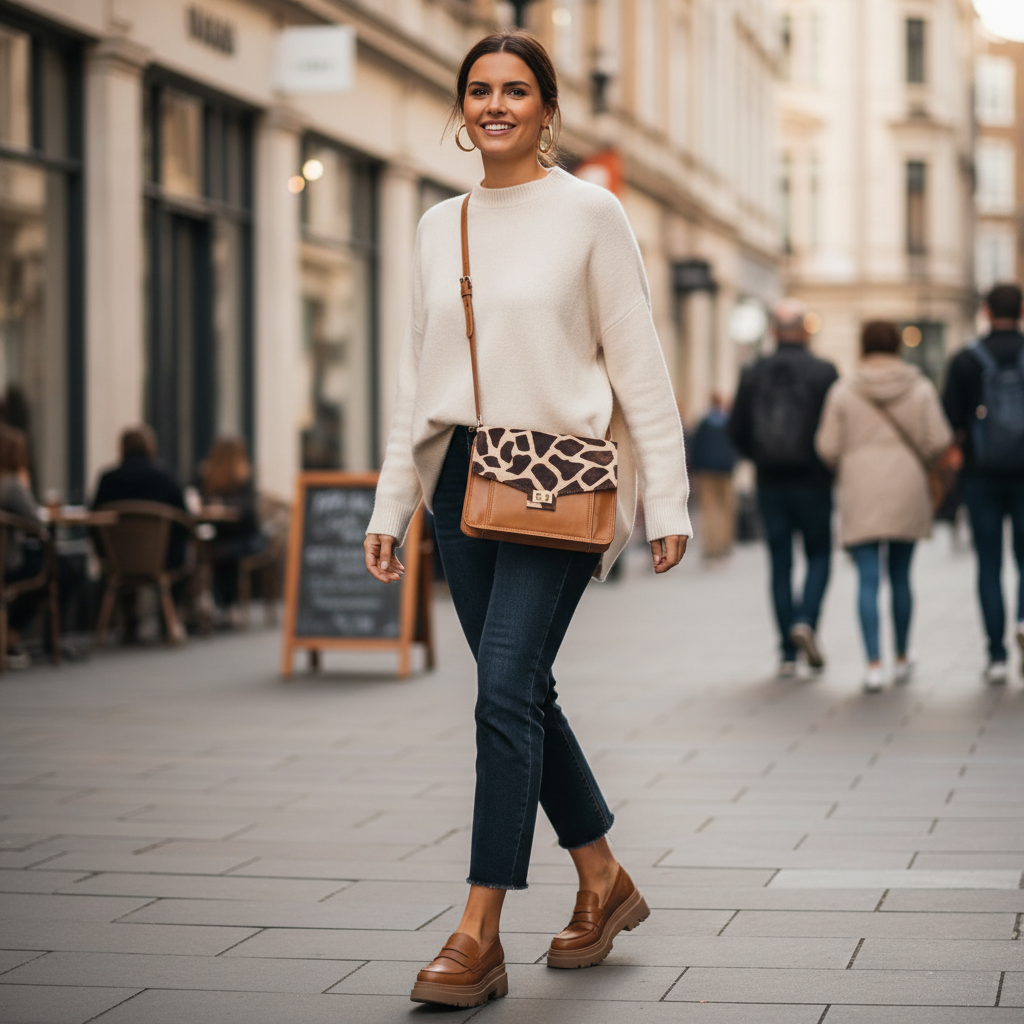 Candid urban lifestyle photo with giraffe print tan crossbody bag