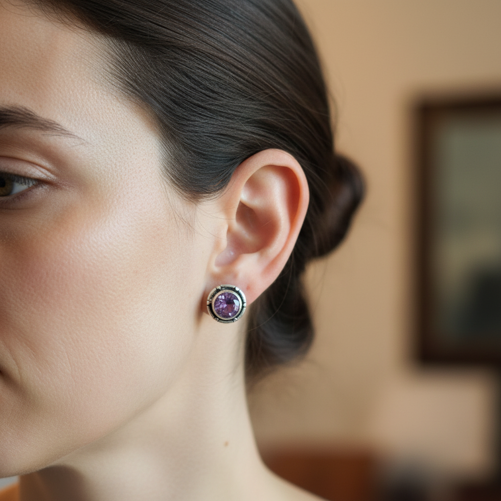 Close-up amethyst stud earring shot