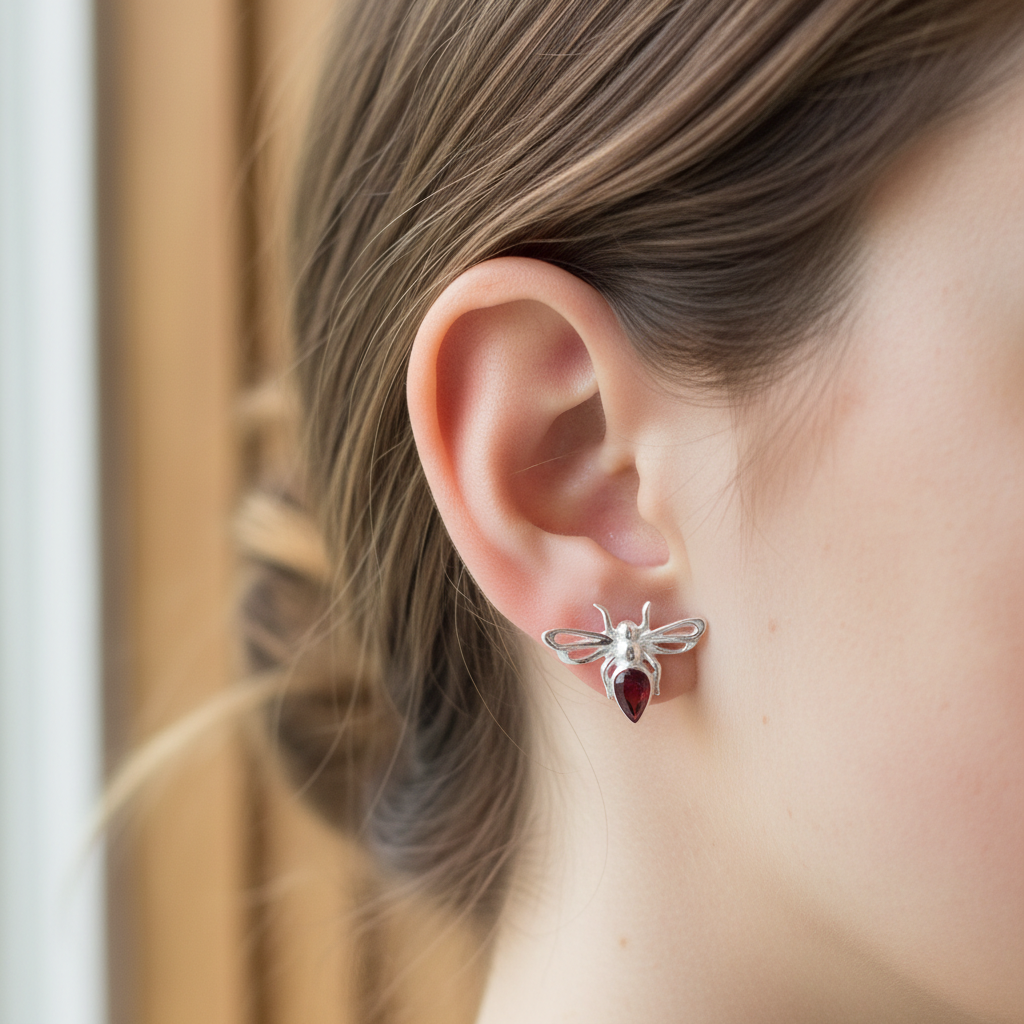Close-up bee stud earring shot