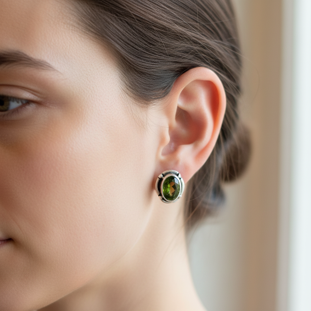 Close-up green oval stud earring shot