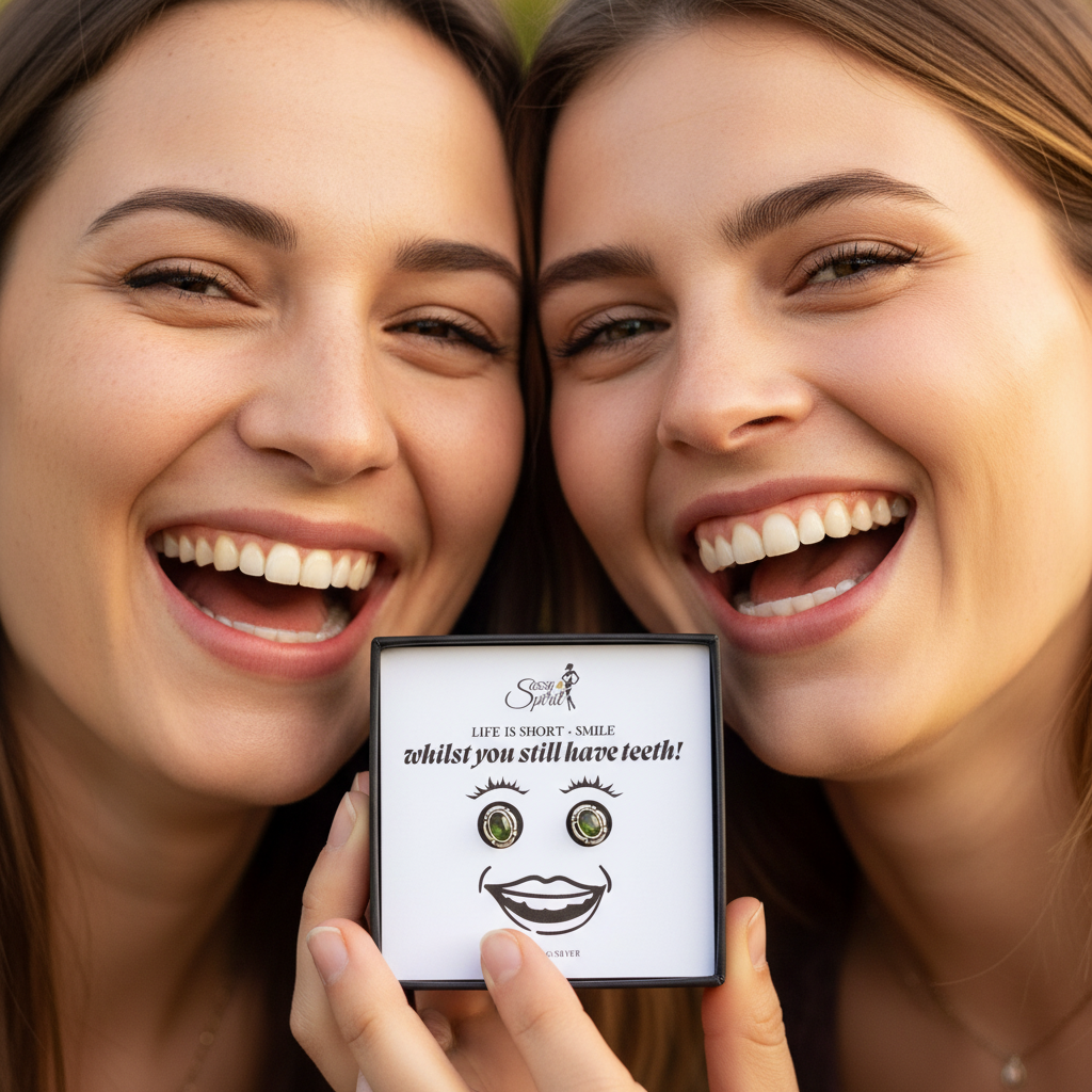 Close-up laughing friends with peridot earring box