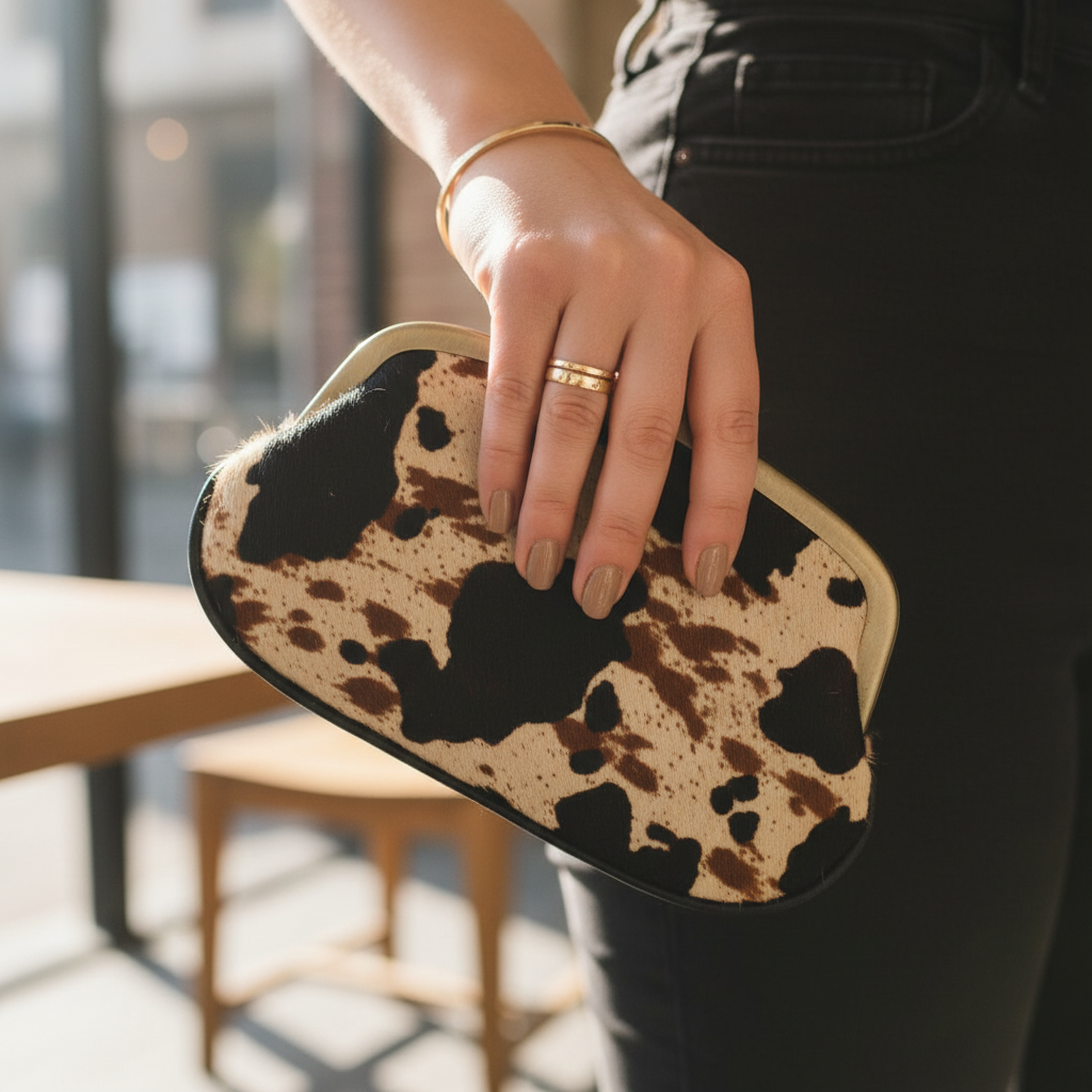 Close-up lifestyle photo with cow print clutch