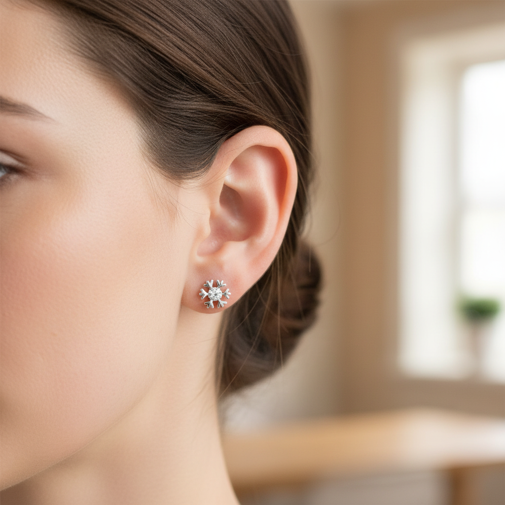 Close-up snowflake stud earring shot