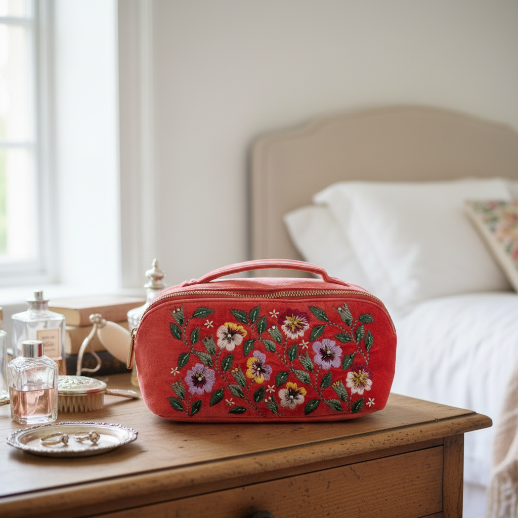 Salmon coloured vanity case with top carry handle on a dressing table. Case is decorated with embroidered pansies.