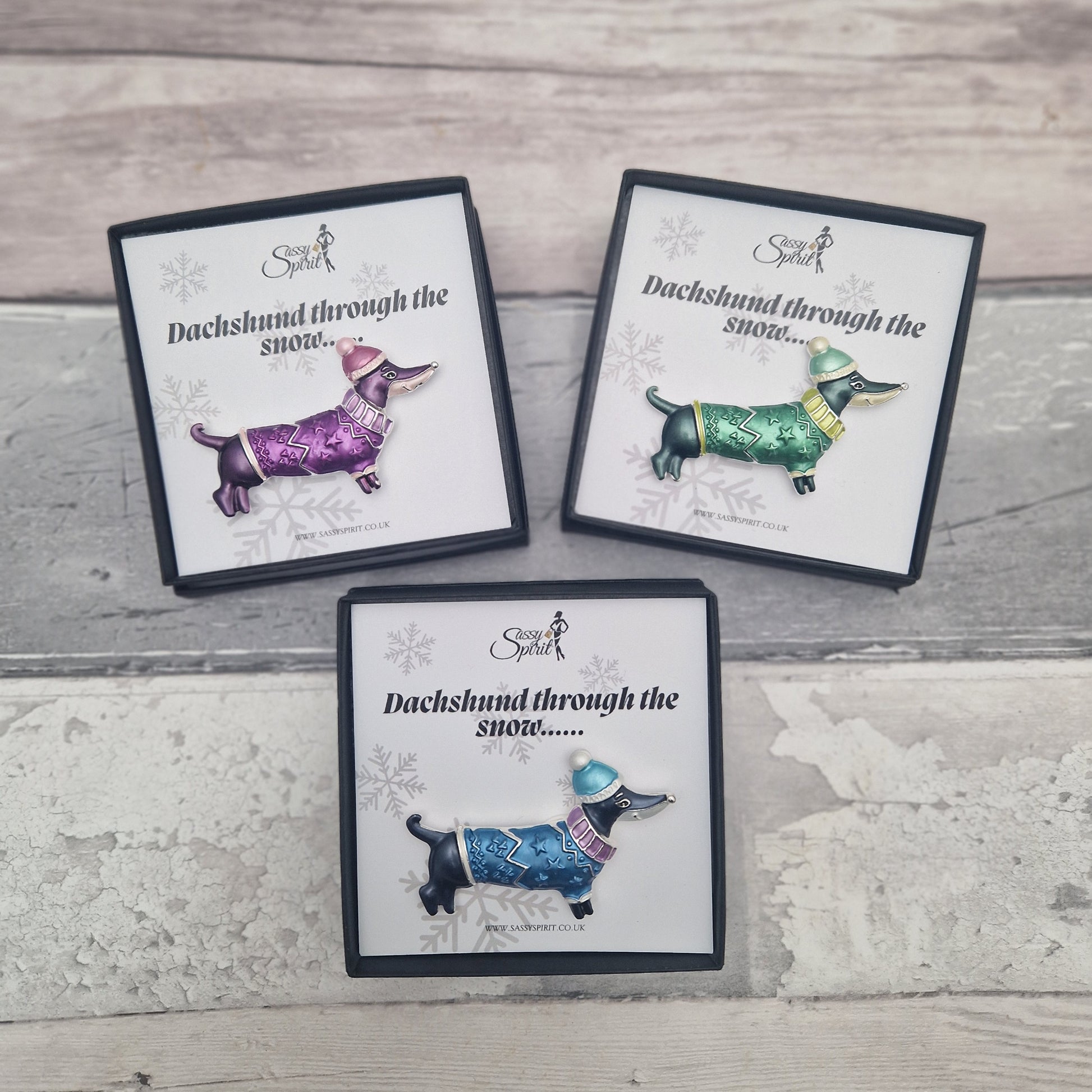 Dachshund (sausage dog) enamel magnetic brooch in a gift box. Purple, green or blue options.