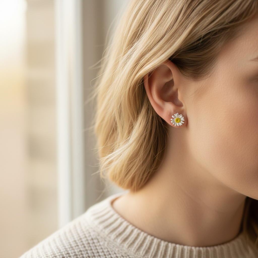 Daisy Earrings – Close-up Worn