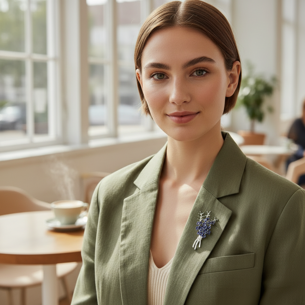 Delphinium Brooch – Model Portrait