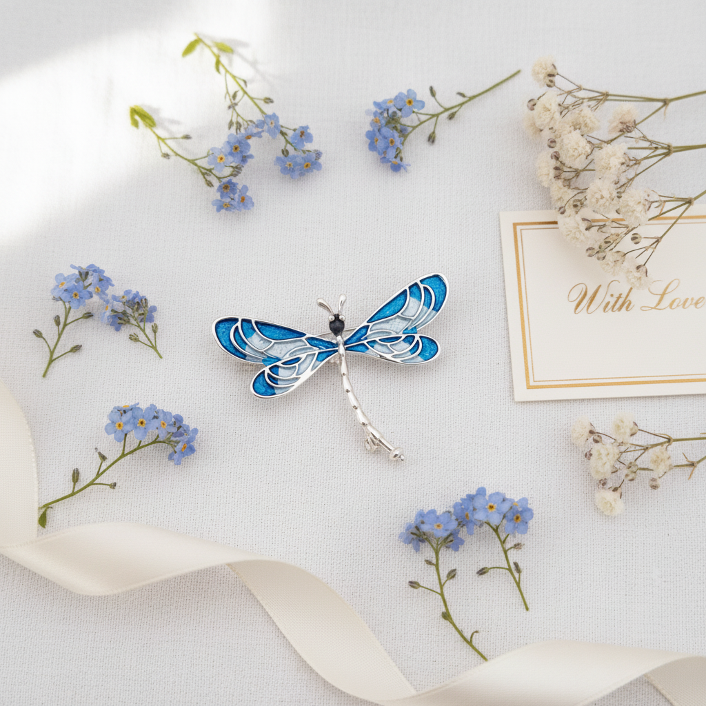 Dragonfly brooch gift flat lay