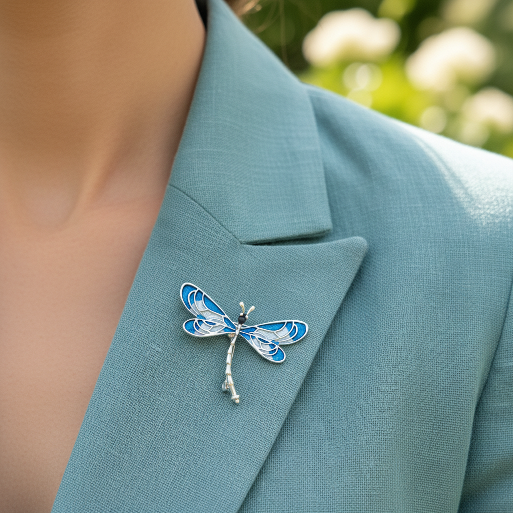Dragonfly brooch on teal blazer