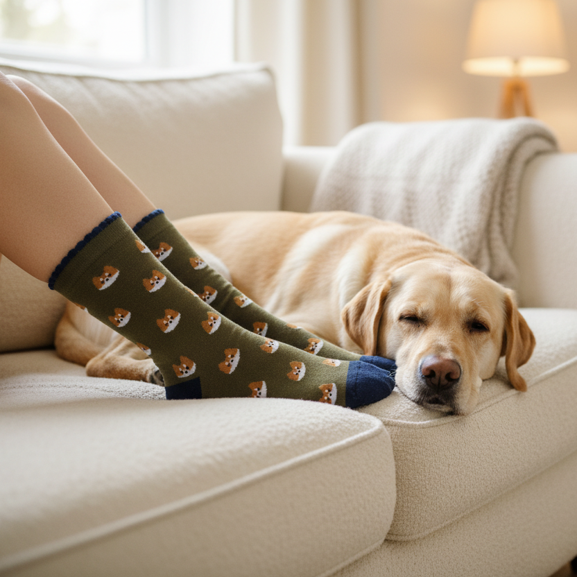 Person wearing socks with a dog on a couch in a cozy living room.