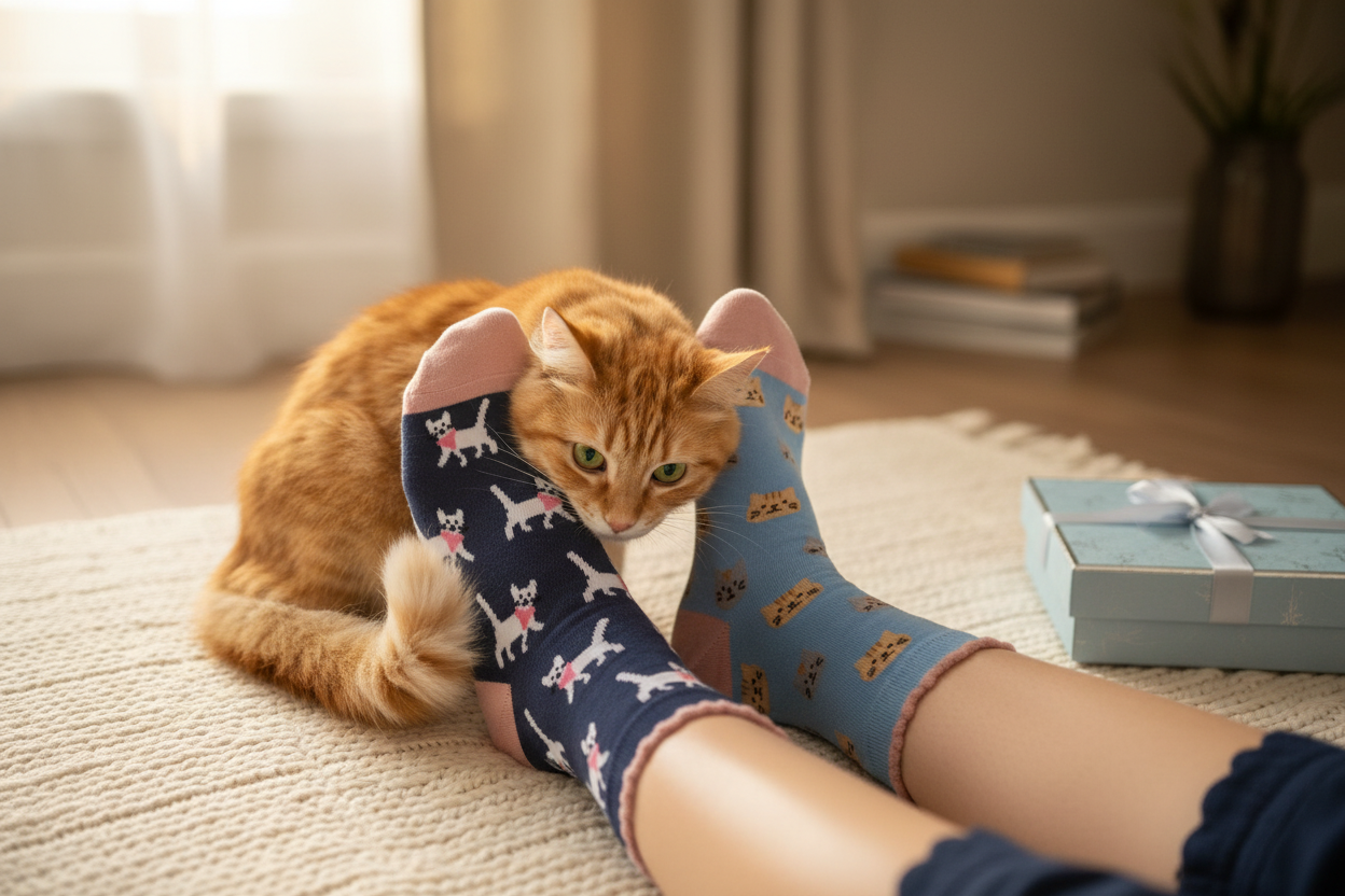 Person wearing socks with cat patterns, lying on a carpeted floor with a cat sitting next to them.