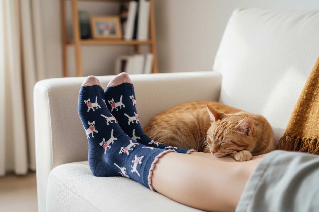 Person wearing blue socks with cat patterns, lying on a couch with a cat next to them.