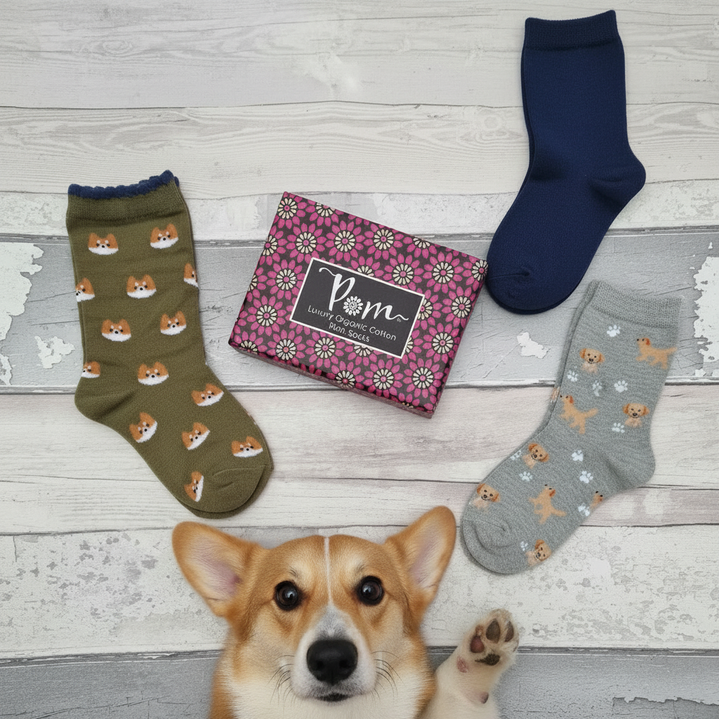 Three pairs of socks with dog patterns and a pink box labeled 'Pom' on a wooden surface, with a dog peeking into the frame.