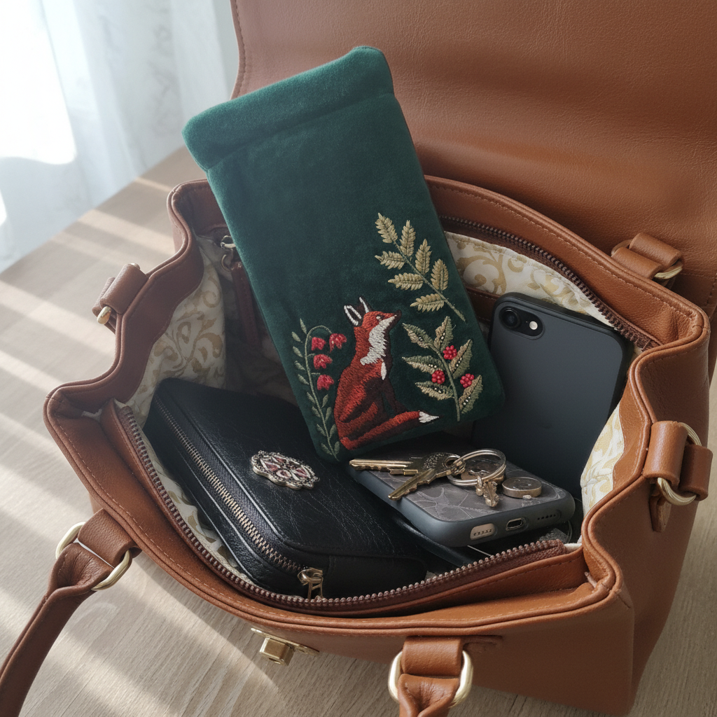 Fox glasses case in handbag