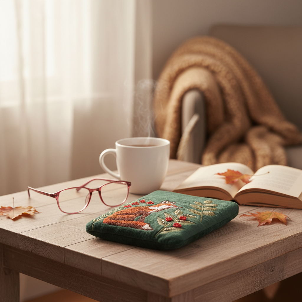 Fox glasses case on surface