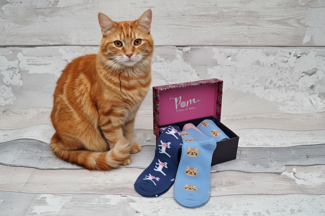 Cat sitting next to a box of blue socks with a pink 'Pom' brand logo on a wooden surface.