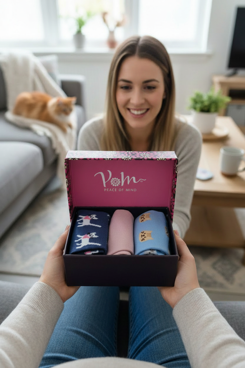 Woman holding a box of socks with a visible brand logo in a cozy living room.