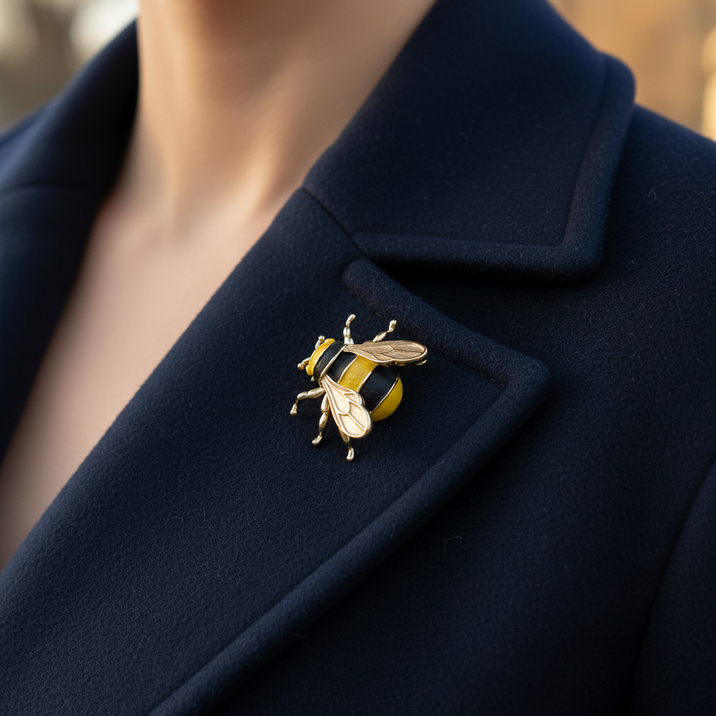 Gold bee brooch on navy coat lapel retry