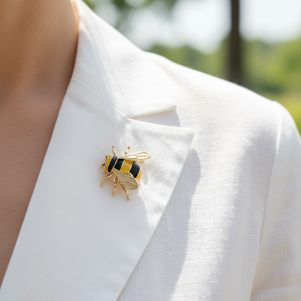 Gold bee brooch on white blouse