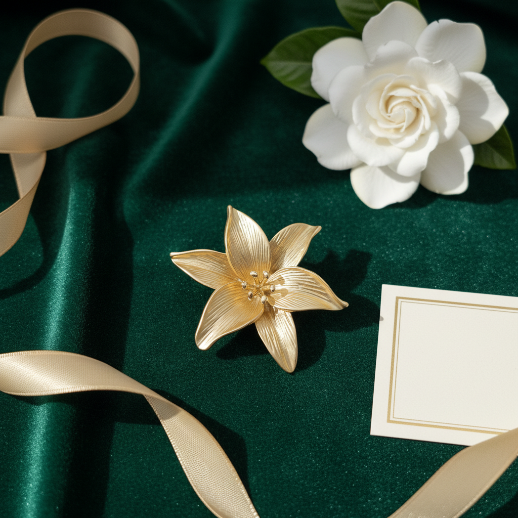 Golden lily brooch dark velvet flat lay